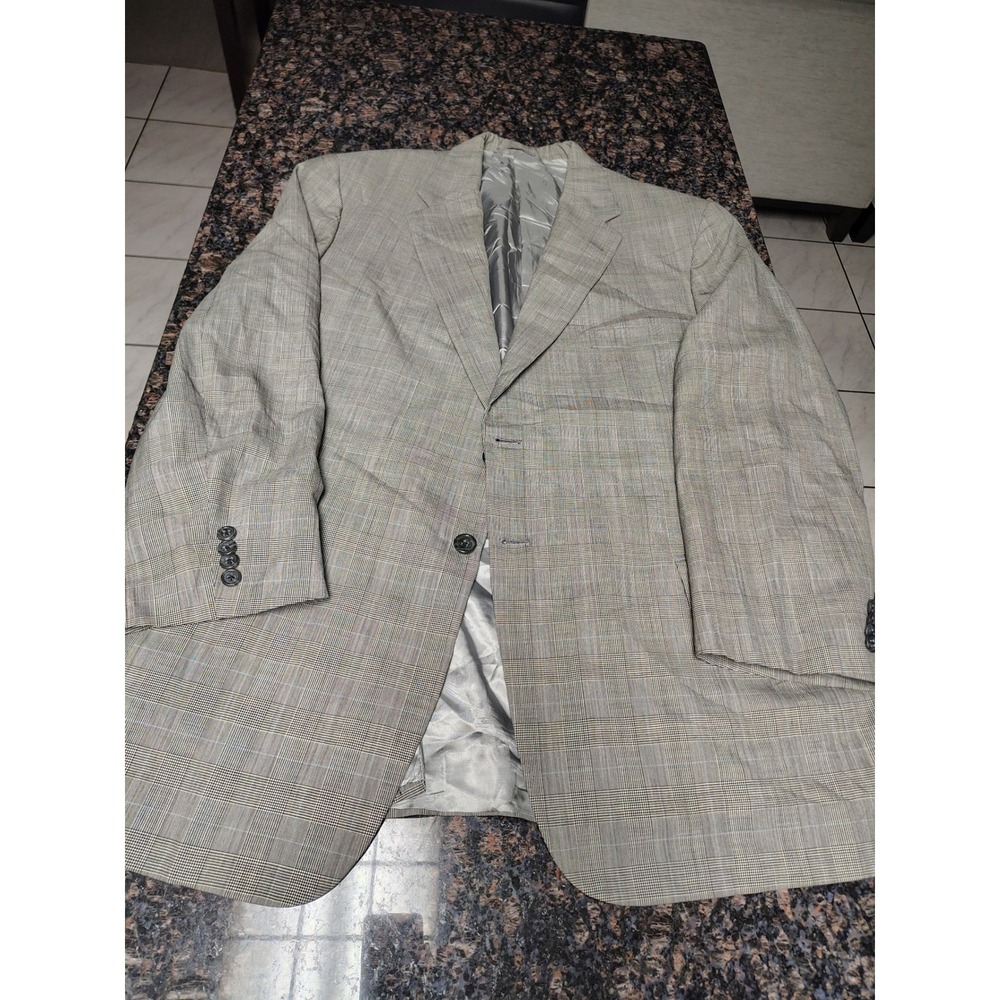 H. Freeman Mens Glen Plaid Blazer Grey Tan Hand Tailored USA Sport Coat